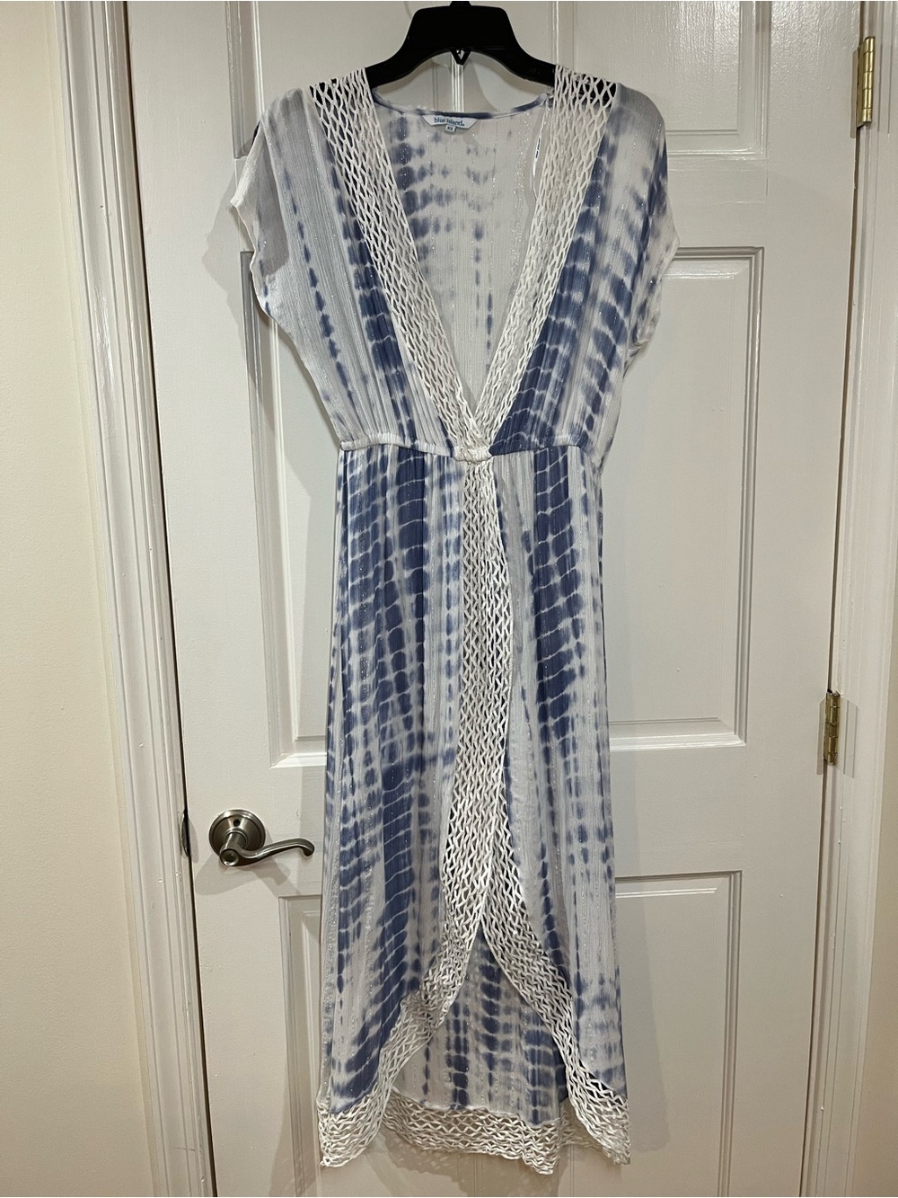 blue island Blue and White Tie-Dye Swim Cover-up with Crochet Panels